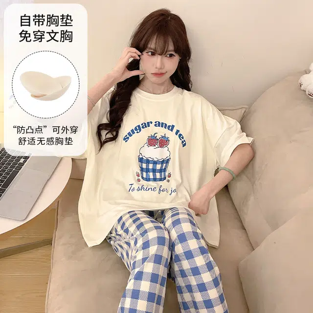 俏韵 休闲慵懒风圆领短袖长裤带胸垫睡衣套装 女款 图片色