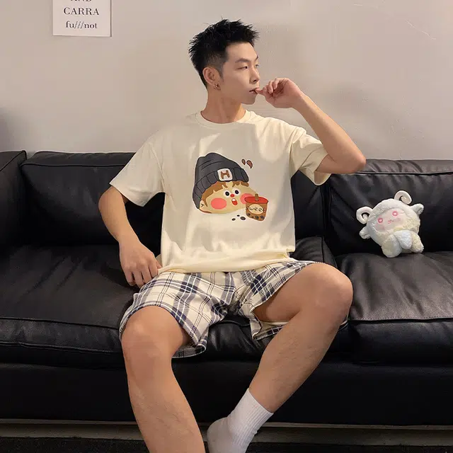 俏韵 亲肤透气休闲圆领短袖睡衣套装 男款 图片色