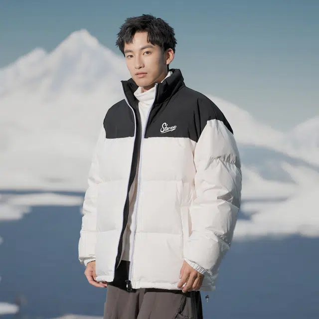 双星八特 美式高街潮流字母仿刺绣拼接色块宽松时尚百搭舒适保暖防风无性别主义户外休闲长袖羽绒服 男女同款