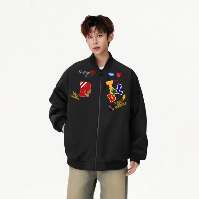 图兰朵 美式复古高街赛车风格撞色拼接时尚潮流氛围感学院风无性别主义宽松户外通勤休闲工装飞行员棒球领夹克外套 男女同款