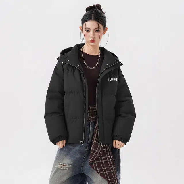 图兰朵 美式复古字母印花潮流拼接假两件舒适宽松百搭保暖外套棉服 男女同款