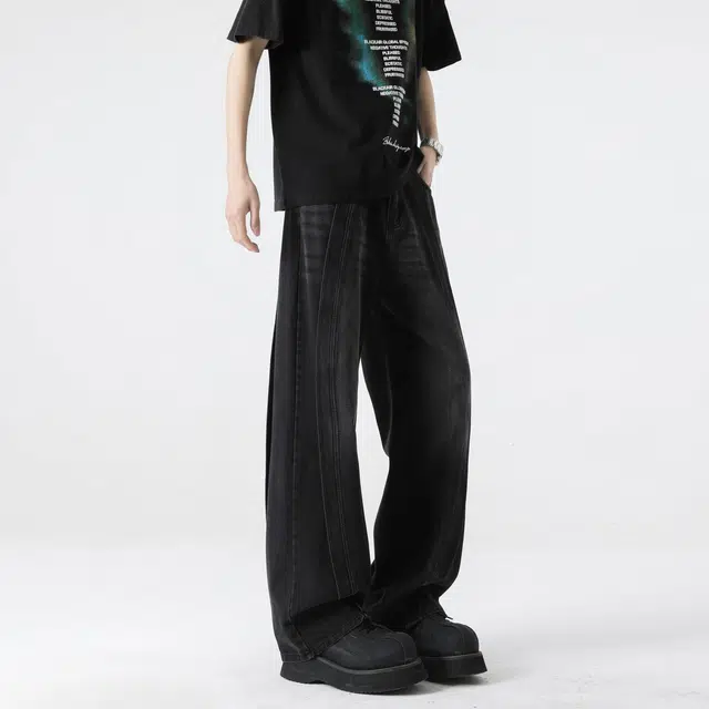 图兰朵 美式复古高街重工水洗猫须做旧潮流痞帅阔腿微喇弯刀高级感中腰显高显瘦柔软不硬亲肤舒适休闲通勤直筒牛仔裤 男女同款