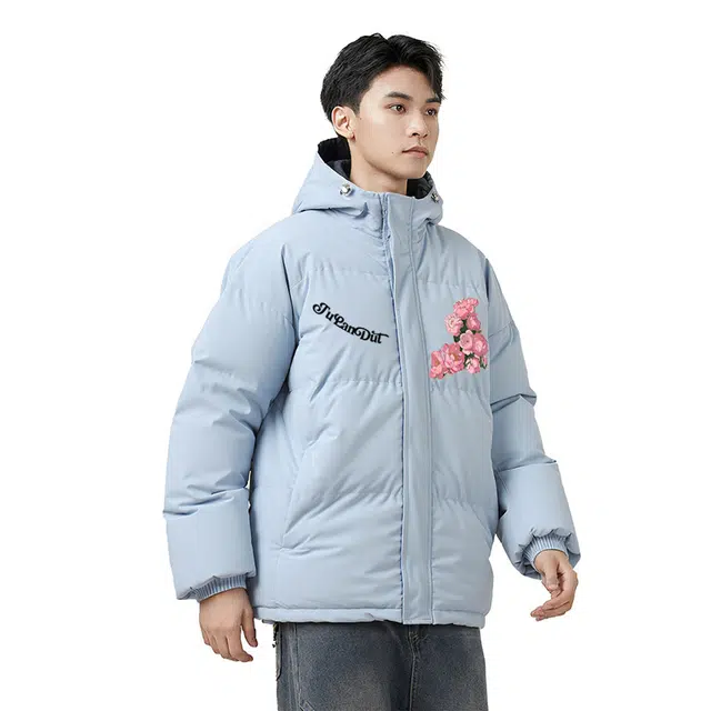 图兰朵 美式复古花束连帽字母印花加厚保暖宽松舒适高街潮流百搭高级感面包服外套棉服 男女同款