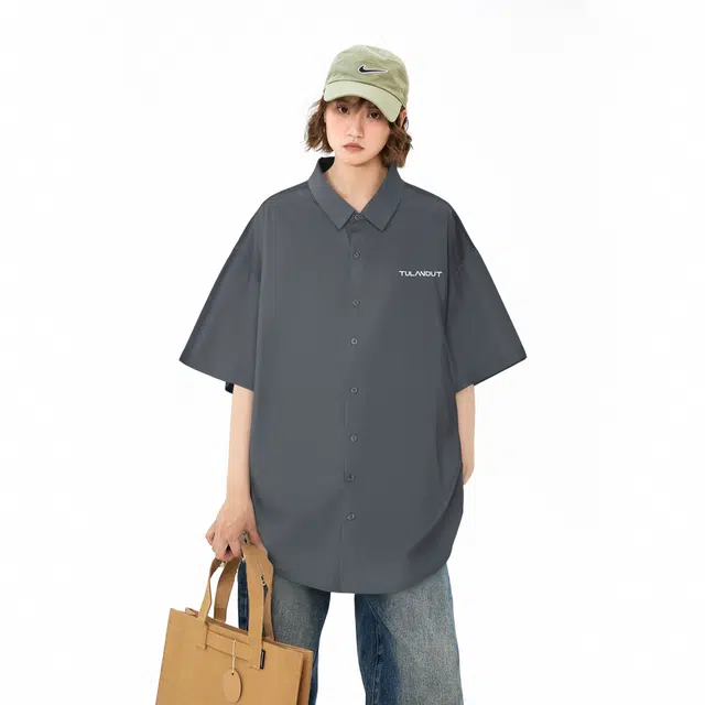 图兰朵 夏季薄款凉感清新复古基础款纯色极简柔软字母高级感落肩单排扣垂感舒适百搭潮流通勤直筒休闲运动无性别短袖衬衫 男女同款