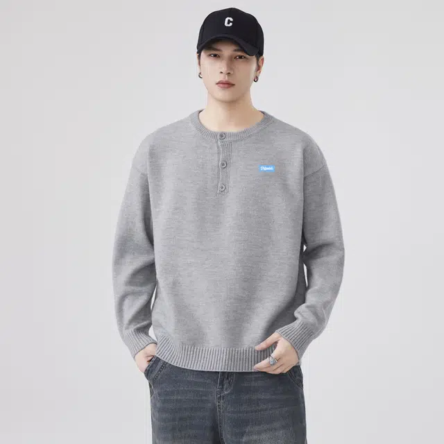 图兰朵 日系复古高级感简约经典亨利领中性套头宽松韩版慵懒风帅气针织衫休闲日常百搭舒适垂感保暖御寒通勤半开衫纽扣亲肤毛衣 男女同款