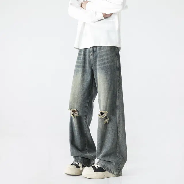 图兰朵 美式复古高街重工水洗做旧高级感流苏微喇破洞弯刀裤中腰显高显瘦潮流痞帅柔软不硬垂感通勤废土风直筒牛仔裤 男女同款