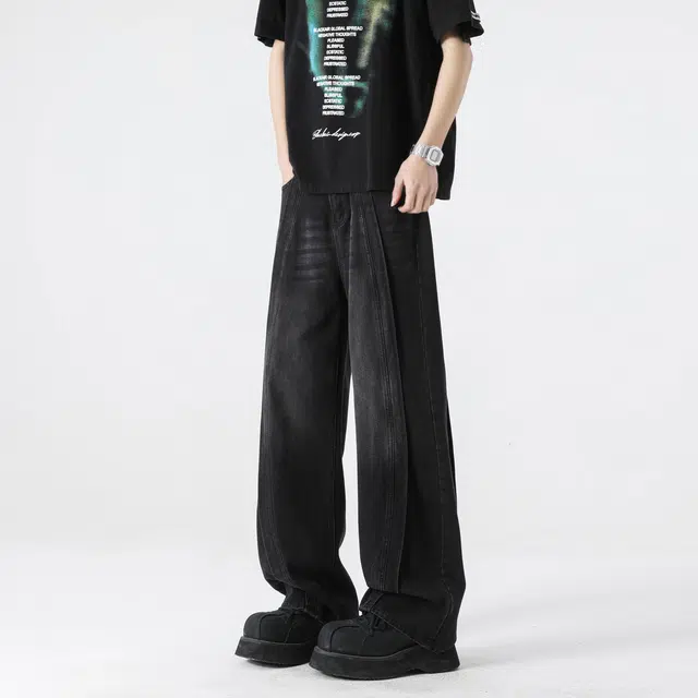 图兰朵 美式复古高街重工水洗猫须做旧潮流痞帅阔腿微喇弯刀高级感中腰显高显瘦柔软不硬亲肤舒适休闲通勤直筒牛仔裤 男女同款