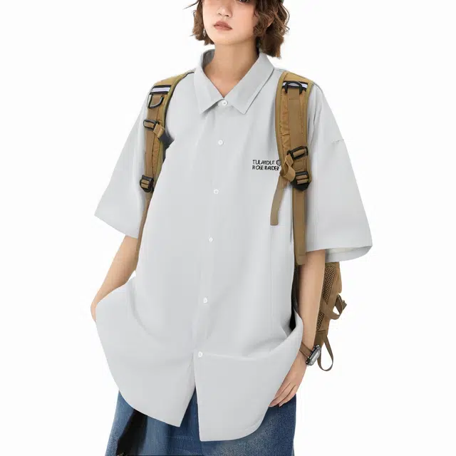 图兰朵 夏季薄款凉感清新复古基础款纯色极简柔软太阳字母高级感落肩单排扣垂感舒适百搭潮流通勤直筒休闲运动短袖衬衫 男女同款
