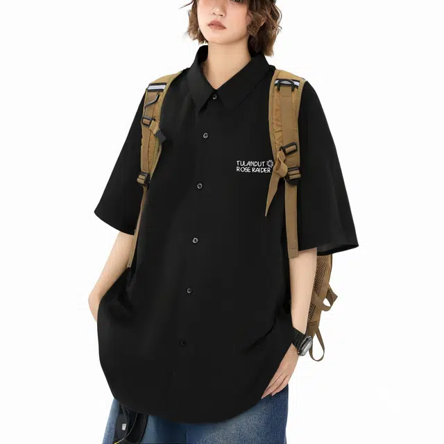 图兰朵 夏季薄款凉感清新复古基础款纯色极简柔软太阳字母高级感落肩单排扣垂感舒适百搭潮流通勤直筒休闲运动短袖衬衫 男女同款