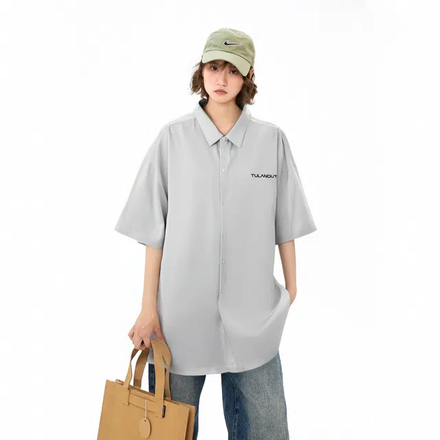 图兰朵 夏季薄款凉感清新复古基础款纯色极简柔软字母高级感落肩单排扣垂感舒适百搭潮流通勤直筒休闲运动无性别短袖衬衫 男女同款