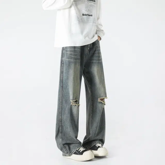 图兰朵 美式复古高街重工水洗做旧高级感流苏微喇破洞弯刀裤中腰显高显瘦潮流痞帅柔软不硬垂感通勤废土风直筒牛仔裤 男女同款