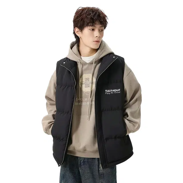 图兰朵 美式潮流复古纯色字母印花坎肩高街休闲运动宽松百搭加厚保暖外穿舒适无袖立领马甲 男女同款