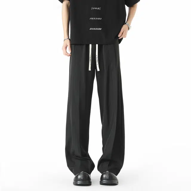 图兰朵 夏季轻薄凉感透气美式复古高街基础款字母抽绳系带潮流宽松阔腿弯刀裤柔软舒适百搭冰丝西装裤通勤直筒运动休闲裤 男女同款