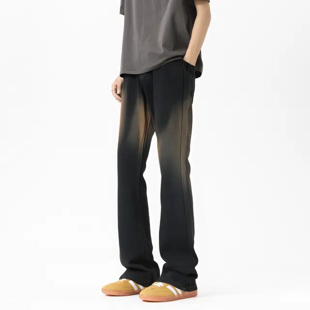 图兰朵 夏季美式复古街头弯刀简约舒适高级感窄版亲肤微弹高街中腰显高修身阔腿直筒百搭水洗做旧牛仔裤 男女同款