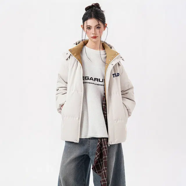 图兰朵 美式复古字母印花休闲运动宽松拼接假两件百搭加厚保暖舒适连帽外套棉服 男女同款