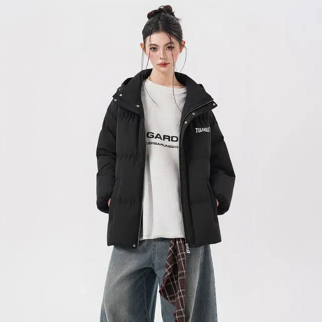 图兰朵 美式复古字母印花潮流拼接假两件舒适宽松百搭保暖外套棉服 男女同款