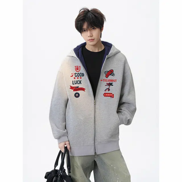 图兰朵 美式潮牌趣味字母印花宽松休闲百搭连帽外套通勤纯色基础款舒适亲肤情侣开衫卫衣 男女同款