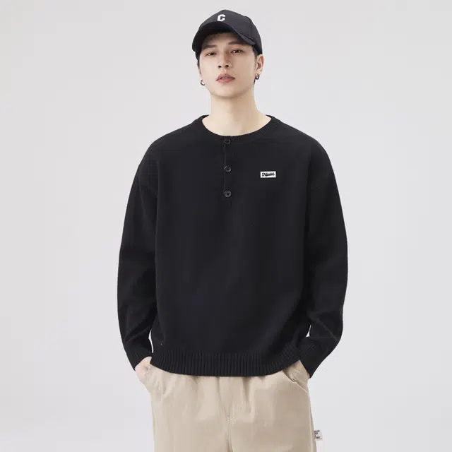 图兰朵 美式复古高级感简约经典亨利领中性套头宽松韩版慵懒风帅气针织衫休闲日常百搭舒适垂感保暖御寒通勤半开衫纽扣亲肤毛衣 男女同款