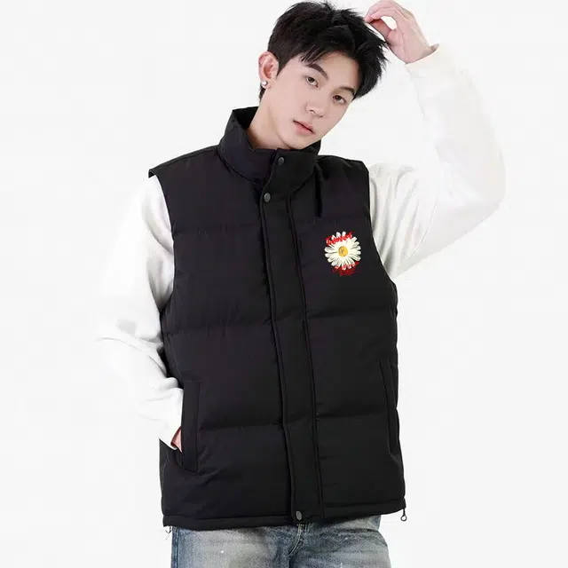 图兰朵 美式高街潮流向日葵复古简约字母印花休闲运动宽松百搭外穿舒适加厚保暖无袖坎肩立领外套棉马甲 男女同款