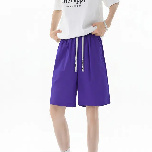 图兰朵 夏季透气美式复古高街基础款纯色简约字母系带垂感柔软舒适百搭中腰显高通勤休闲短裤 男女同款