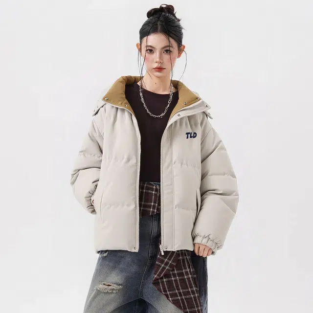 图兰朵 美式复古字母印花休闲运动宽松拼接假两件百搭加厚保暖舒适连帽外套棉服 男女同款