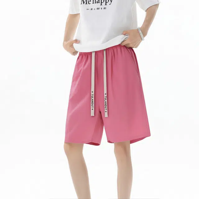 图兰朵 夏季透气美式复古高街基础款纯色简约字母系带垂感柔软舒适百搭中腰显高通勤休闲短裤 男女同款