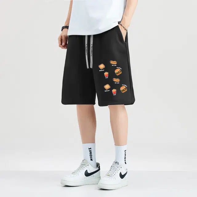 图兰朵 薄款凉感清新日系复古学院风食物图案高级感趣柔软舒适通勤直筒阔腿抽绳系带松紧腰通勤五分运动休闲短裤 男女同款