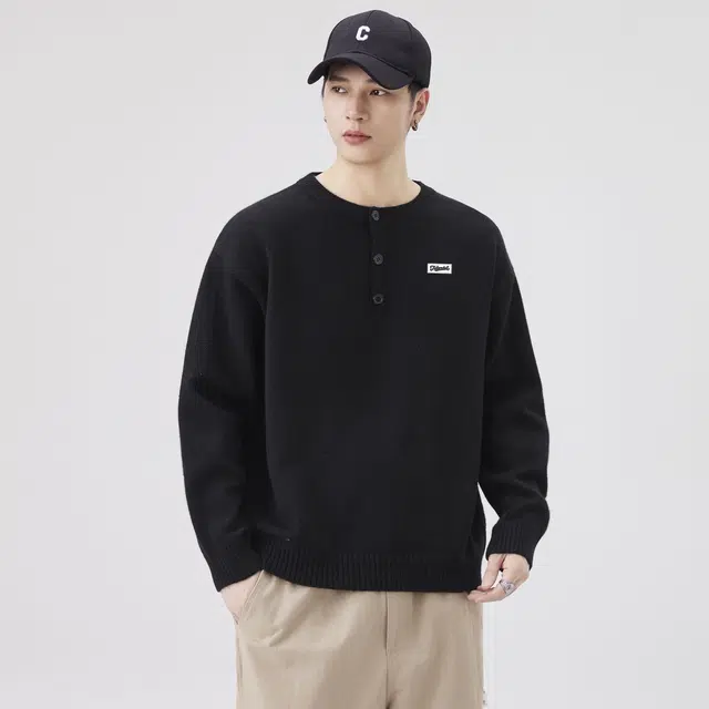 图兰朵 美式复古高级感简约经典亨利领中性套头宽松韩版慵懒风帅气针织衫休闲日常百搭舒适垂感保暖御寒通勤半开衫纽扣亲肤毛衣 男女同款