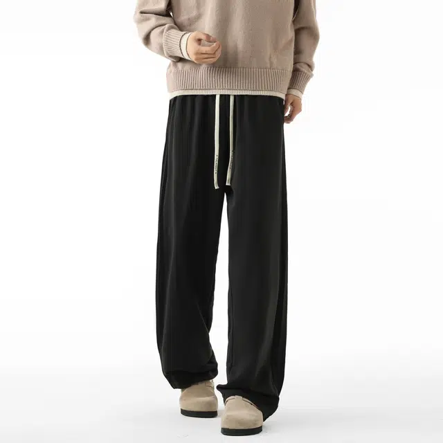 图兰朵 美式复古高街基础款系带简约卫裤宽松直筒针织运动裤巴黎柳叶弯刀裤高级感中腰显高显瘦百搭日常通勤柔软舒适休闲裤 男女同款