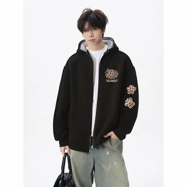 图兰朵 潮牌简约通勤时尚字母印花潮流百搭连帽外套休闲纯色基础款开衫卫衣 男女同款