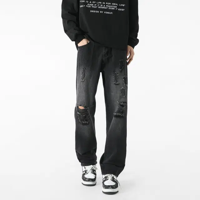 图兰朵 微喇弯刀美式复古高街重工水洗做旧破洞流苏垂感透气亲肤高级感中腰柔软舒适百搭休闲通勤直筒牛仔裤 男女同款