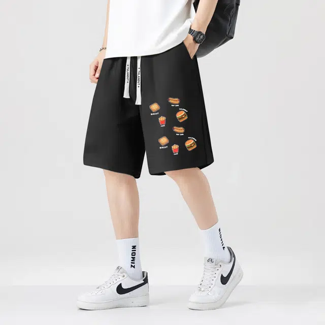 图兰朵 薄款凉感清新日系复古学院风食物图案高级感趣柔软舒适通勤直筒阔腿抽绳系带松紧腰通勤五分运动休闲短裤 男女同款