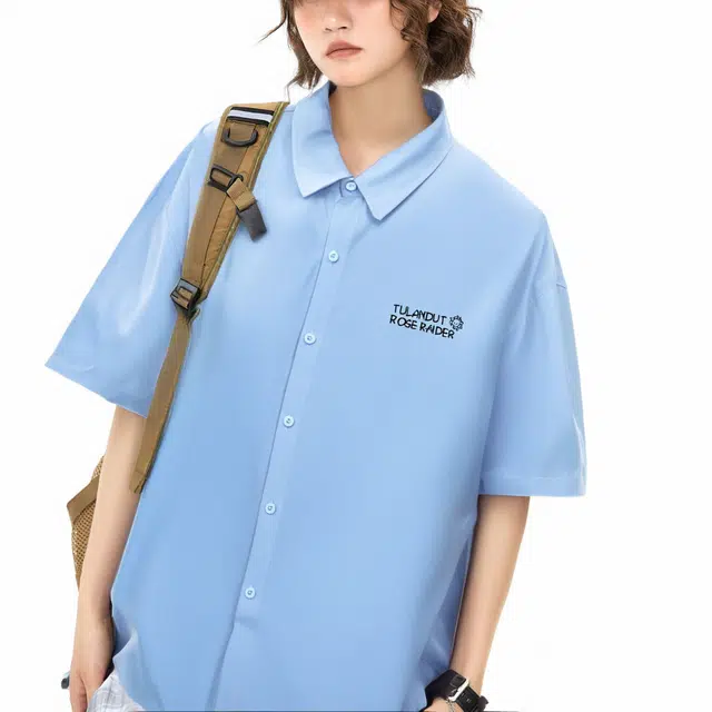 图兰朵 夏季薄款凉感清新复古基础款纯色极简柔软太阳字母高级感落肩单排扣垂感舒适百搭潮流通勤直筒休闲运动短袖衬衫 男女同款