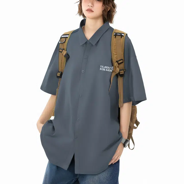 图兰朵 夏季薄款凉感清新复古基础款纯色极简柔软太阳字母高级感落肩单排扣垂感舒适百搭潮流通勤直筒休闲运动短袖衬衫 男女同款