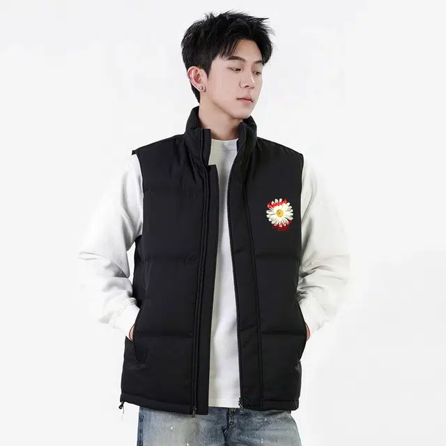 图兰朵 美式高街潮流向日葵复古简约字母印花休闲运动宽松百搭外穿舒适加厚保暖无袖坎肩立领外套棉马甲 男女同款