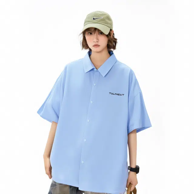 图兰朵 夏季薄款凉感清新复古基础款纯色极简柔软字母高级感落肩单排扣垂感舒适百搭潮流通勤直筒休闲运动无性别短袖衬衫 男女同款