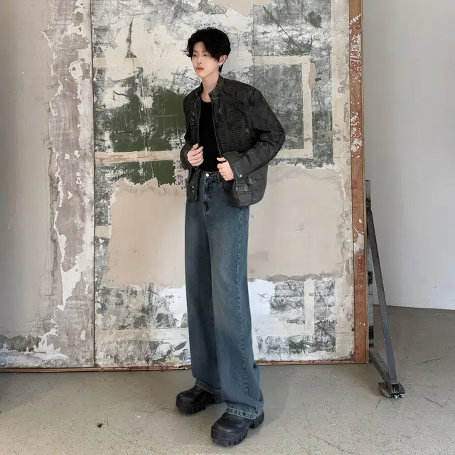 图兰朵 美式复古高街重工水洗做旧潮流痞帅废土风阔腿弯刀裤基础直筒休闲运动宽松百搭柔软舒适微喇牛仔裤 男女同款