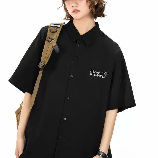 图兰朵 夏季薄款凉感清新复古基础款纯色极简柔软太阳字母高级感落肩单排扣垂感舒适百搭潮流通勤直筒休闲运动短袖衬衫 男女同款