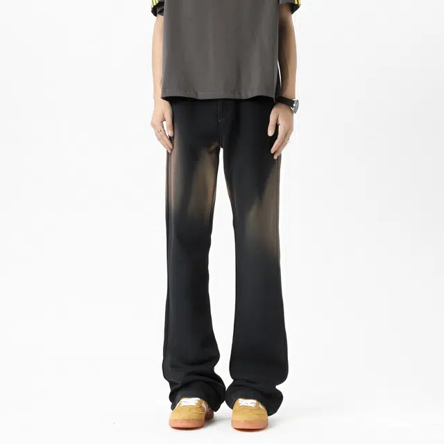 图兰朵 夏季美式复古街头弯刀简约舒适高级感窄版亲肤微弹高街中腰显高修身阔腿直筒百搭水洗做旧牛仔裤 男女同款