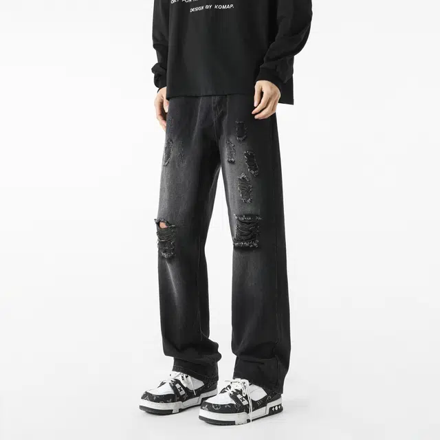 图兰朵 微喇弯刀美式复古高街重工水洗做旧破洞流苏垂感透气亲肤高级感中腰柔软舒适百搭休闲通勤直筒牛仔裤 男女同款