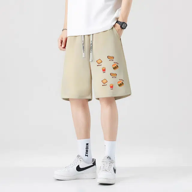 图兰朵 薄款凉感清新日系复古学院风食物图案高级感趣柔软舒适通勤直筒阔腿抽绳系带松紧腰通勤五分运动休闲短裤 男女同款