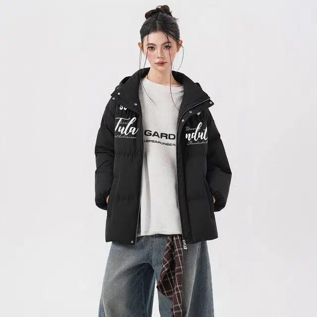 图兰朵 美式复古字母印花休闲运动宽松拼接假两件舒适百搭加厚保暖连帽外套棉服 男女同款