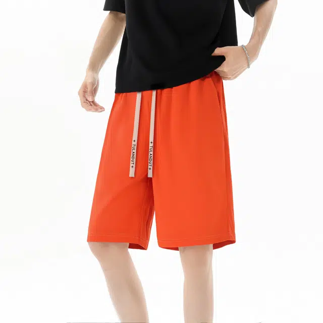 图兰朵 夏季透气美式复古高街基础款纯色简约字母系带垂感柔软舒适百搭中腰显高通勤休闲短裤 男女同款
