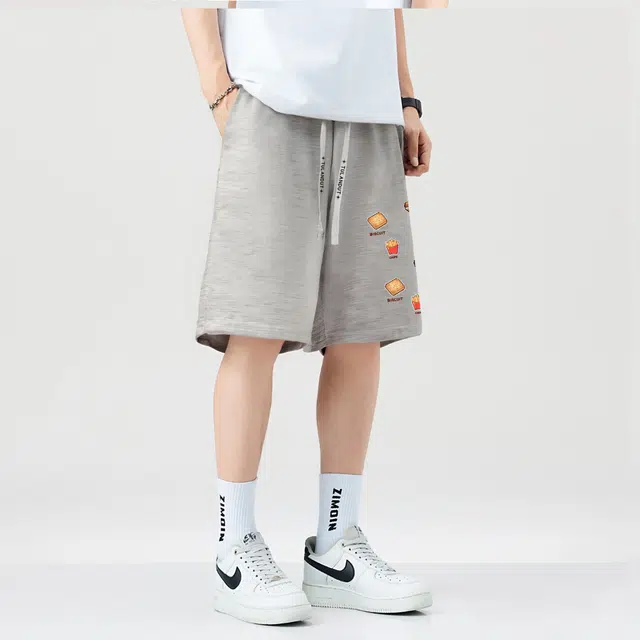 图兰朵 薄款凉感清新日系复古学院风食物图案高级感趣柔软舒适通勤直筒阔腿抽绳系带松紧腰通勤五分运动休闲短裤 男女同款
