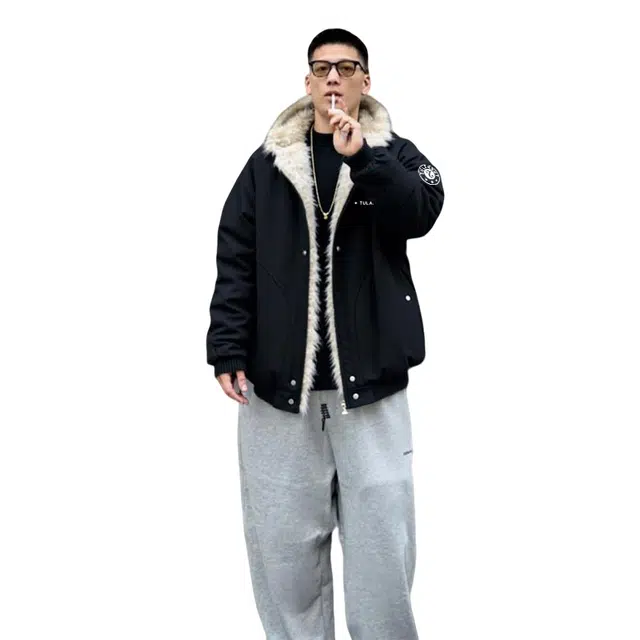 图兰朵 美式高街复古字母座山雕印花休闲运动宽松潮流百搭外穿加厚保暖舒适连帽外套棉服 男女同款