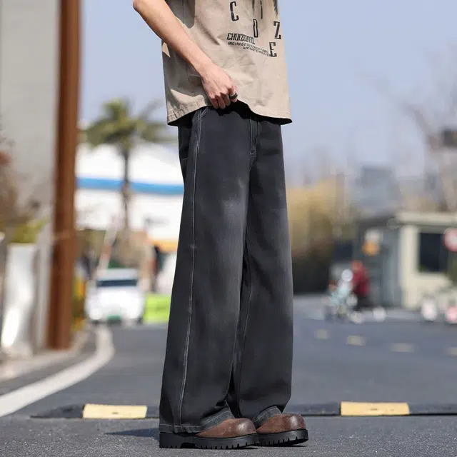 图兰朵 美式复古高街重工水洗做旧猫抓痕猫须阔腿弯刀裤高级感中腰显高显瘦柔软不硬亲肤舒适百搭日常通勤直筒牛仔裤 男女同款