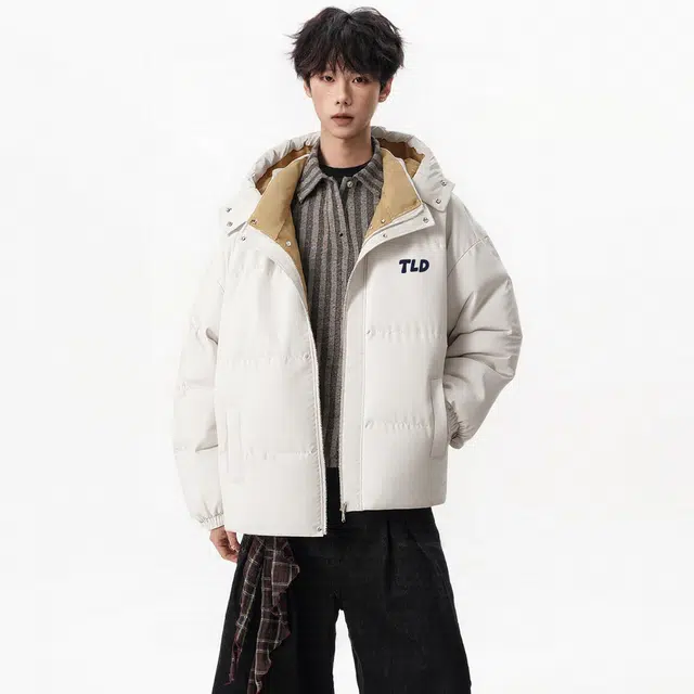 图兰朵 美式复古字母印花休闲运动宽松拼接假两件百搭加厚保暖舒适连帽外套棉服 男女同款