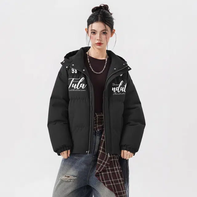 图兰朵 美式复古字母印花休闲运动宽松拼接假两件舒适百搭加厚保暖连帽外套棉服 男女同款