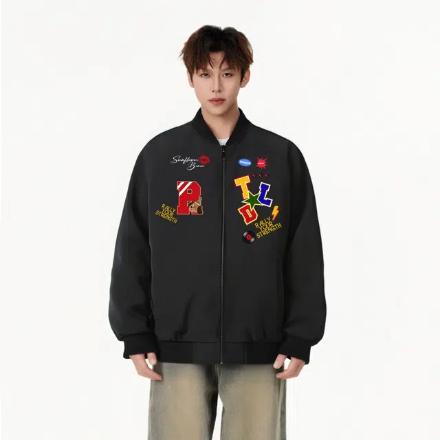 图兰朵 美式复古高街赛车风格撞色拼接时尚潮流氛围感学院风无性别主义宽松户外通勤休闲工装飞行员棒球领夹克外套 男女同款