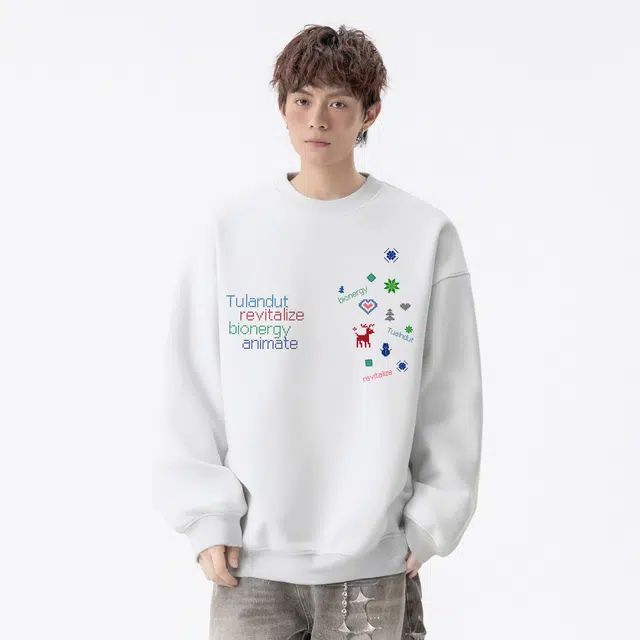 图兰朵 美式潮流创意基础款植物像素个性图案设计感宽松落肩通勤运动休闲百搭学院风长袖圆领套头舒适卫衣 男女同款